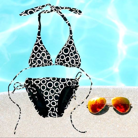 Victoria's Secret Other - Victoria’s Secret Black Bikini with White Circle Print and Hipster Bottoms